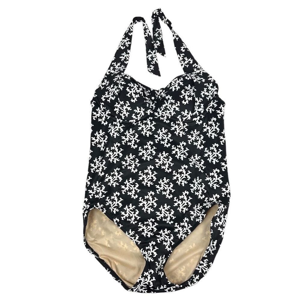 Lands' End Women's Tummy Control Black White Halter Swimsuit size 10 NEW